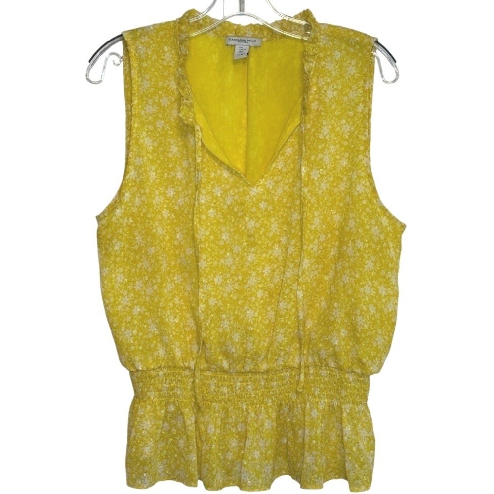 Carolina Belle Floral Peplum Blouse Womens Yellow Smocked Romantic Cottagecore L